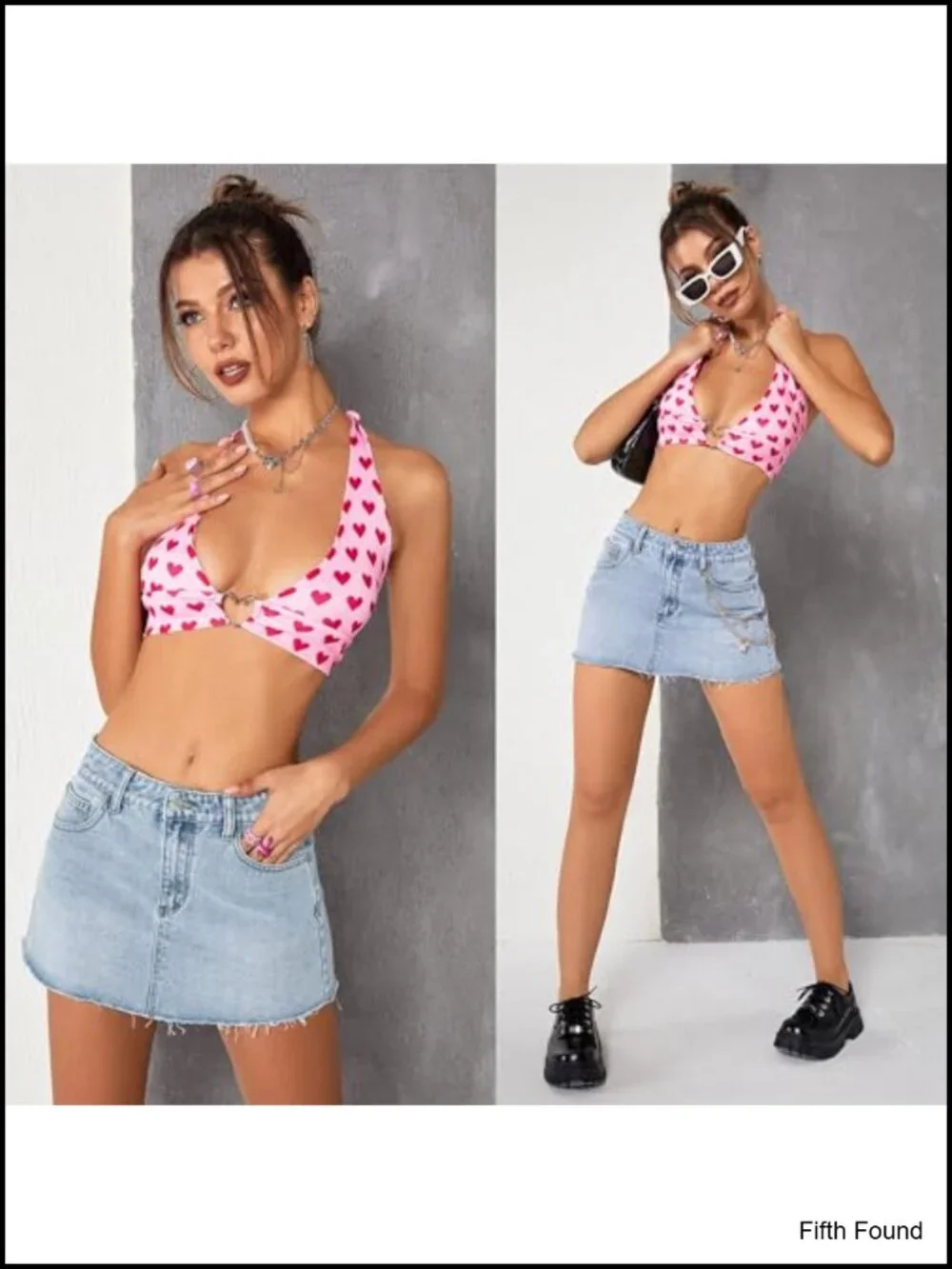Mid Rise Mini Denim Skirt Raw Hem 2 Side Pockets High Stretch